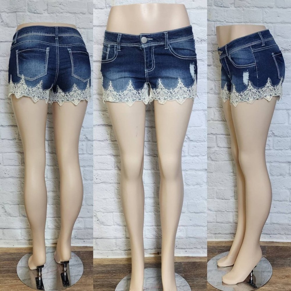 00s Denim Shorts dark wash low rise Waist Daisy Dukes Lace Hot Pants Small